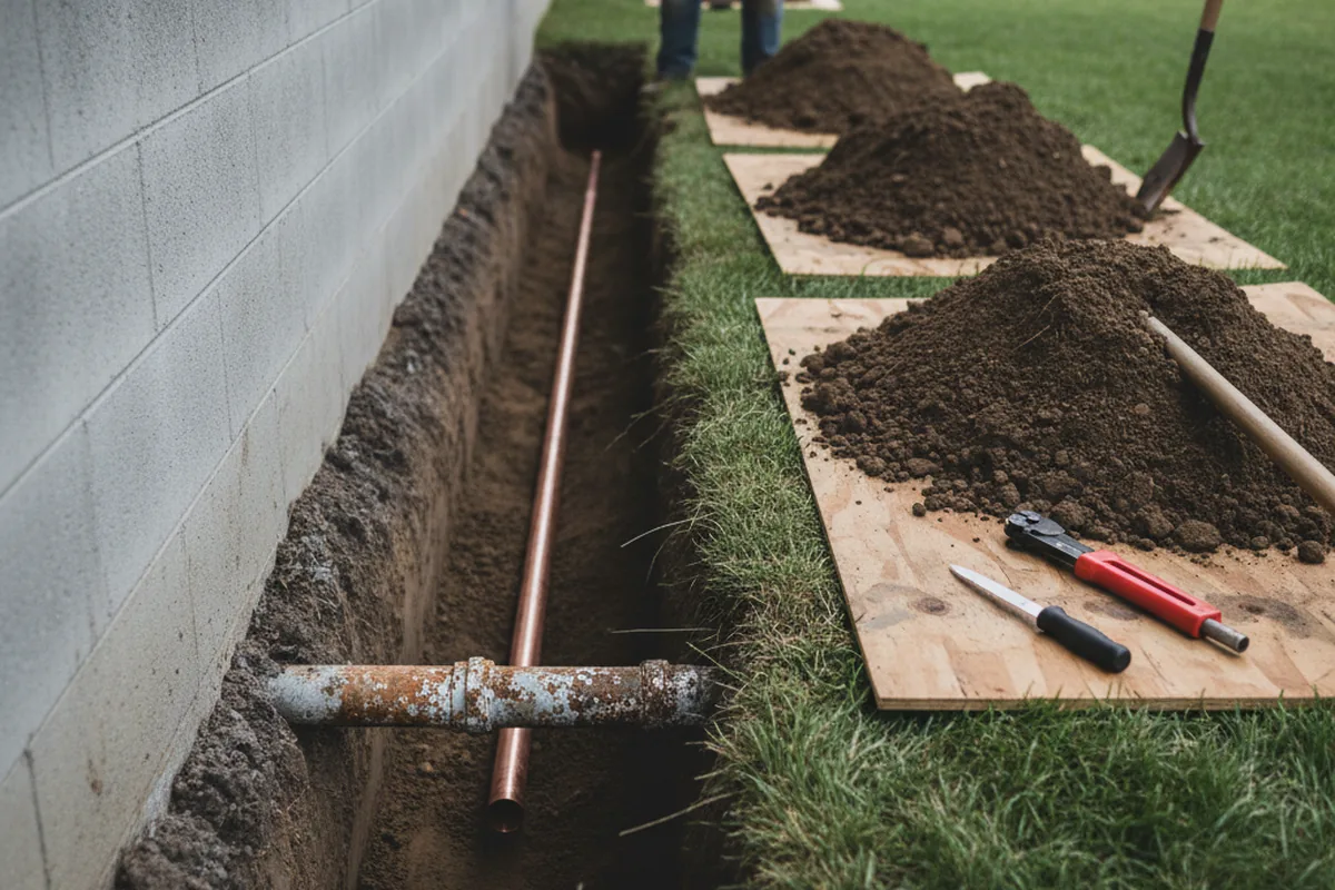 Excavated water line trench during Water Softener Installation in Dothan